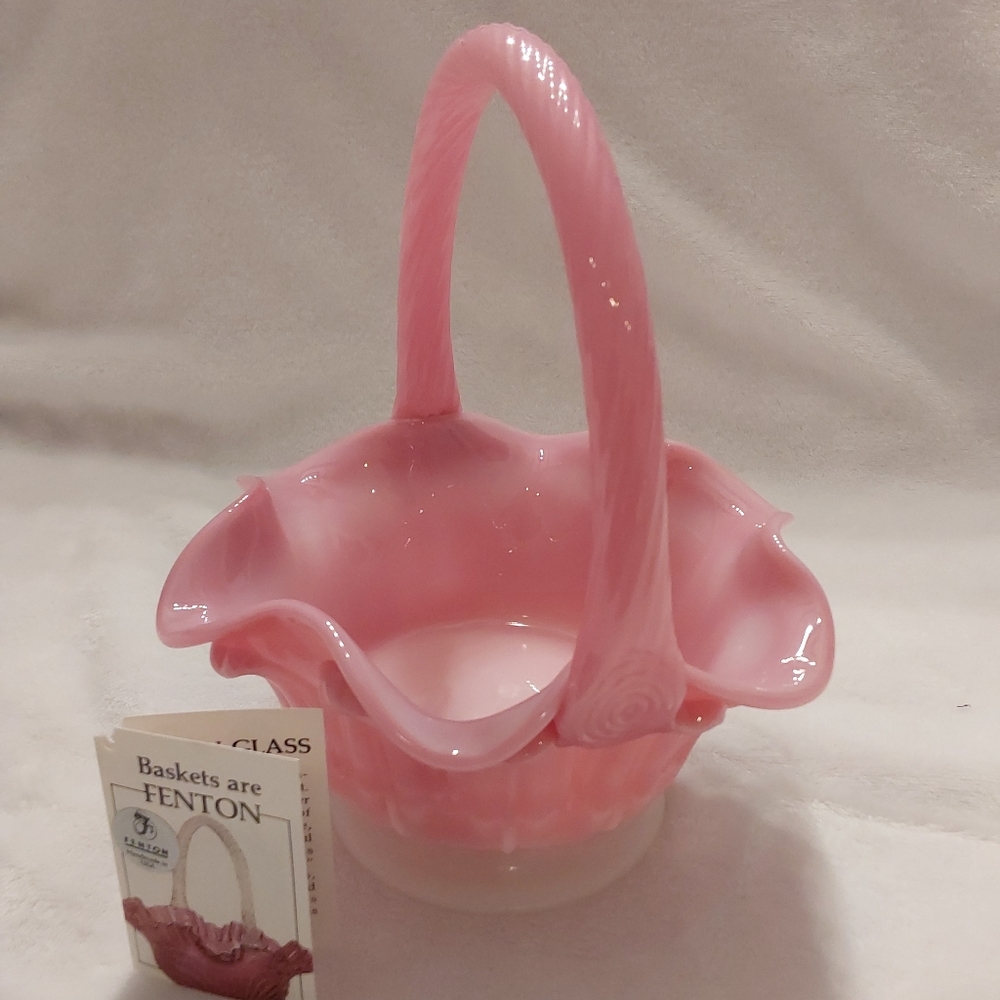 NWT Fenton glass basket Rosalene Satin Pink slag Handpainted Signed Bill Fenton